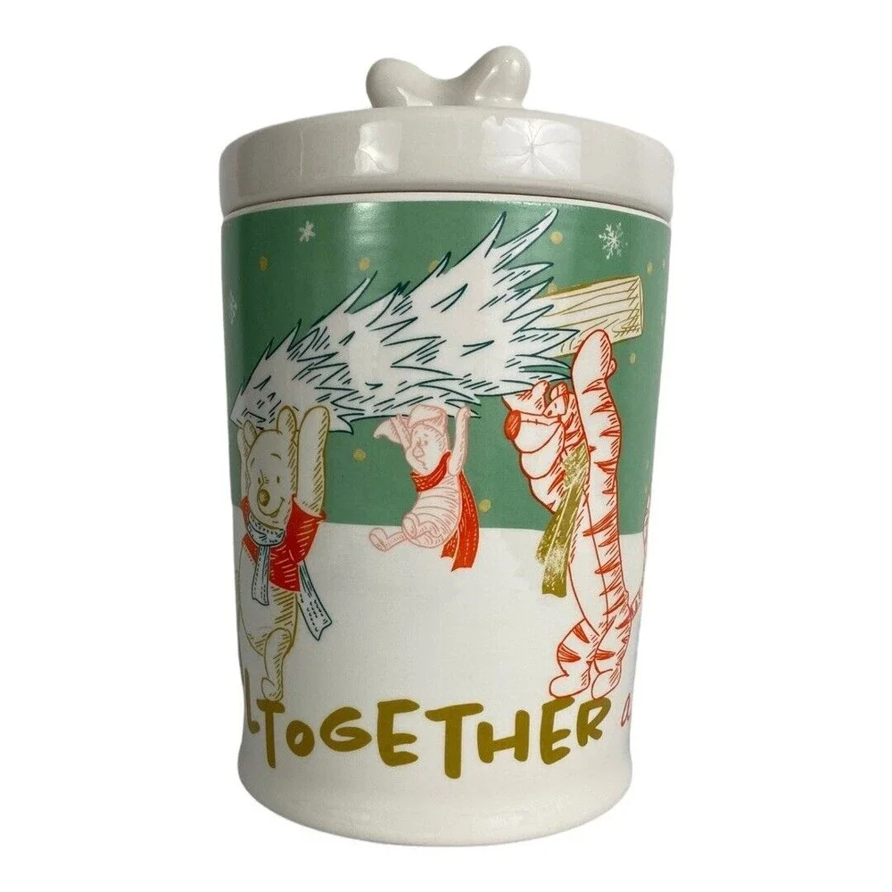 Winnie the Pooh Dog Treat Ceramic Holiday Canister Altogether at Christmas NEW